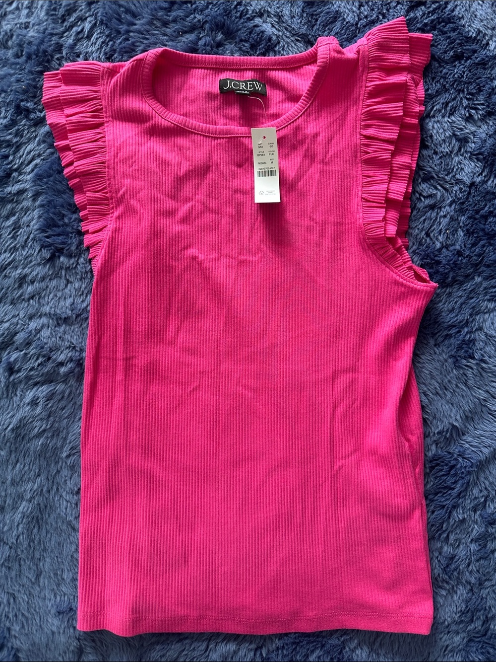J. Crew Bright Pink Ribbed Ruffle Sleeve Tank